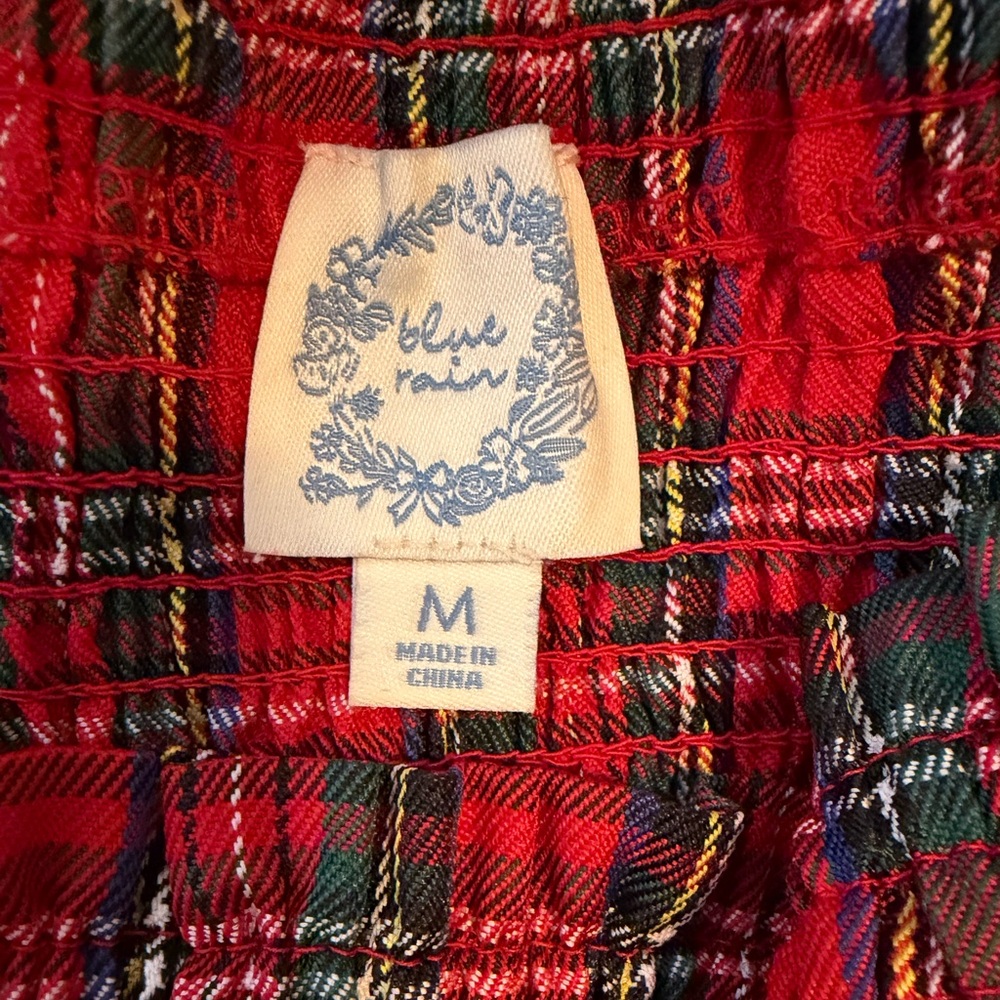 Blue Rain Red Plaid Smocked Puff Sleeve Dress Size M - Picture 3 of 4